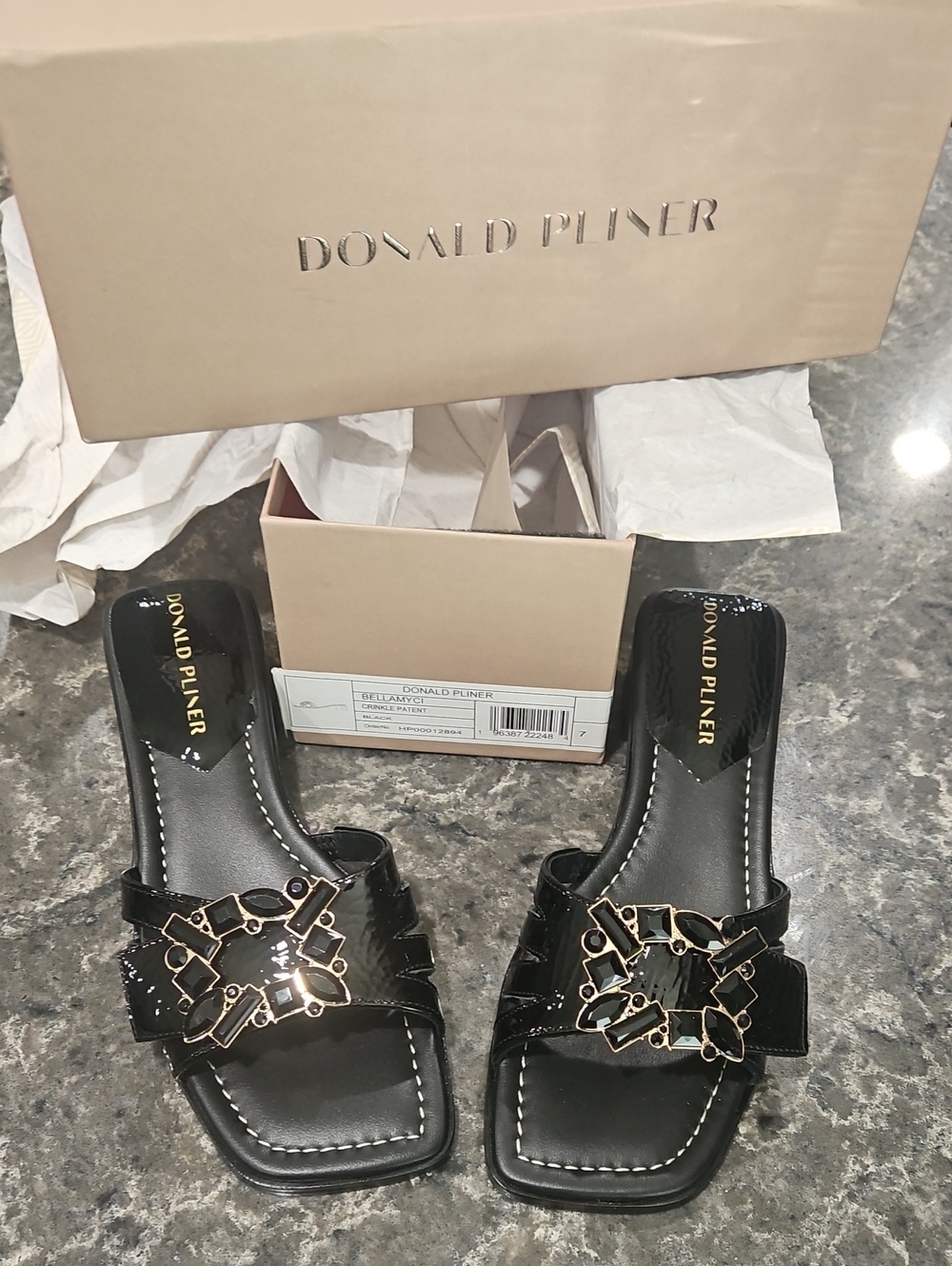 Donald J. Pliner Black Bellamyci Slide Sandals with Gold Chain Detail